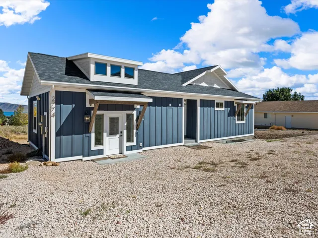 Contemporary exterior with blue vertical siding, white trim, and a dark shingle roof