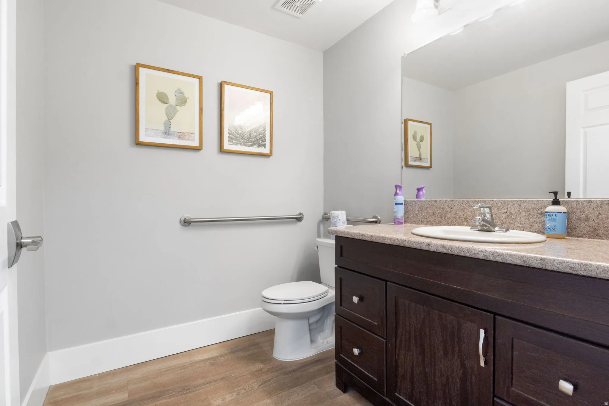Bathroom with vanity and dark wood-type flooring