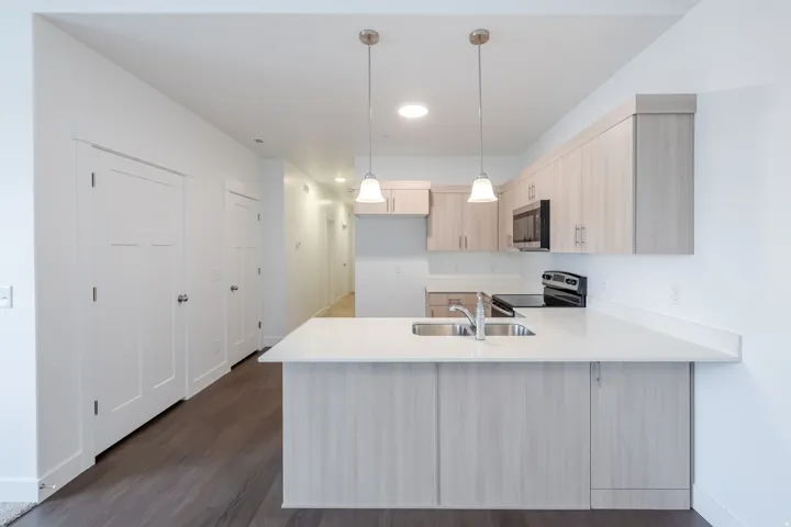 Kitchen featuring light wood-finish cabinetry, stainless steel sink, white countertops, and dark wood-finish flooring