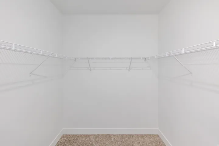 White wire shelving system, light-colored carpeting, and painted walls