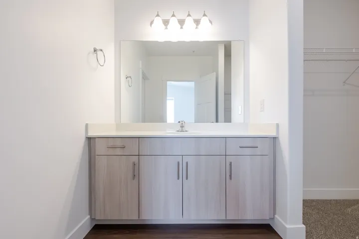 Vanity with a single basin sink, light-toned countertop, wood-finish cabinetry, and brushed nickel hardware