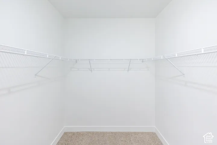 Storage area featuring white wire shelving, wall-to-wall carpeting, and neutral interior walls