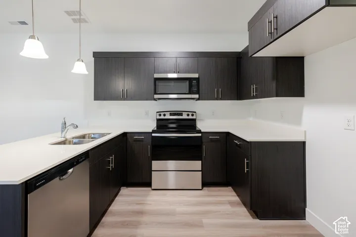 Kitchen featuring dark wood-finish cabinetry, solid-surface countertops, stainless steel appliances, dual-basin under-mount sink, and dual pendant lighting