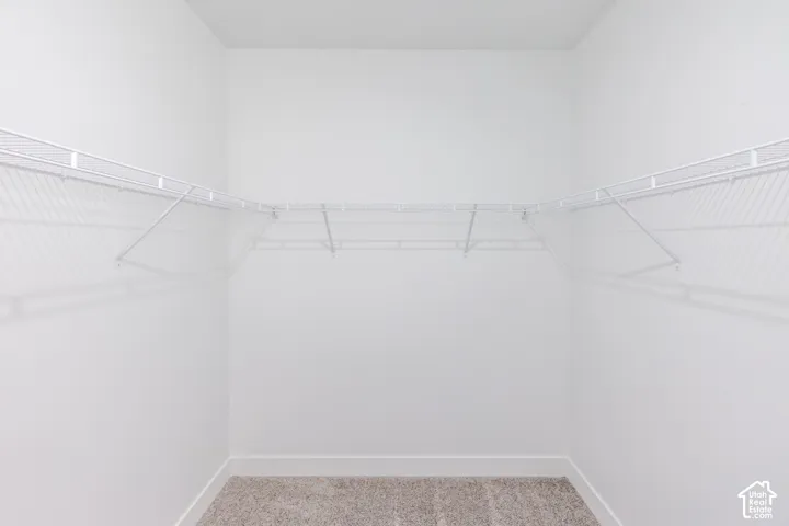 Storage space featuring wall-to-wall white wire shelving and neutral carpeting