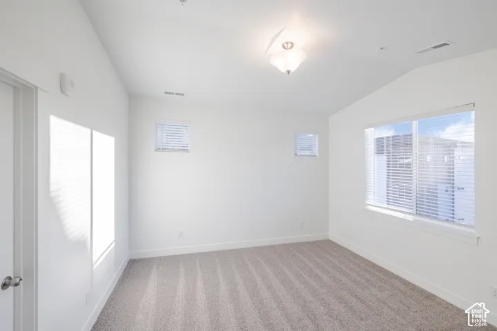 Vaulted ceilings, neutral carpeting, flush-mount lighting, and multi-paned windows with horizontal blinds