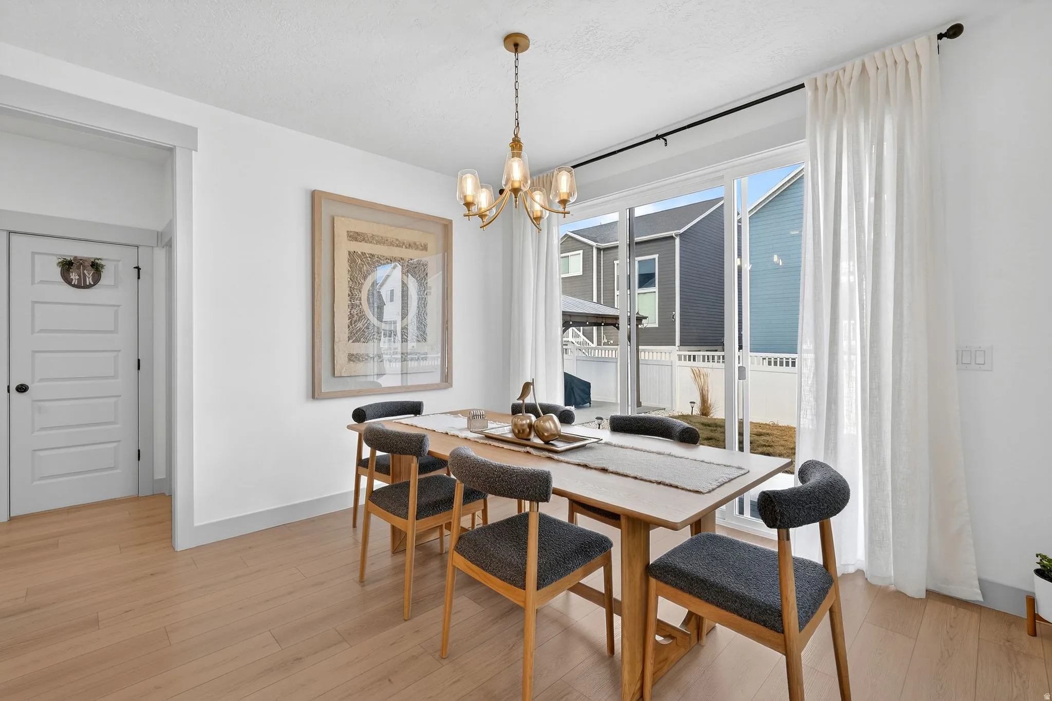 Dining area featuring hanging lights and light wood-style floors