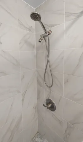 Bathroom view of tiled shower