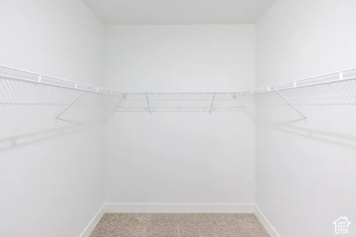 Walk-in closet featuring neutral carpeting and white wire shelving