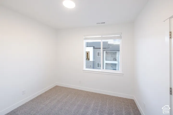 Neutral-toned carpeted flooring, white interior walls, flush-mount ceiling lighting, and a single-pane sliding window with horizontal blinds
