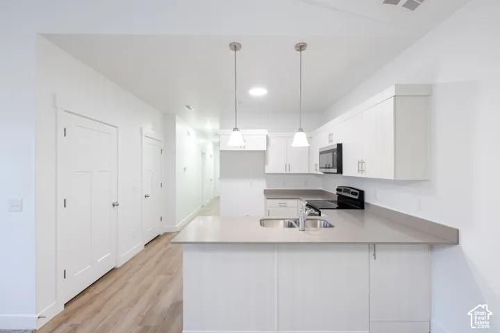 Kitchen featuring white cabinetry, quartz countertops, dual-basin stainless steel sink, pendant lighting, and wood-finish flooring