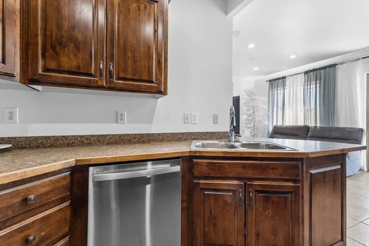 Kitchen featuring dishwasher, dark wood finish cabinetry, dark countertops, and recessed lighting