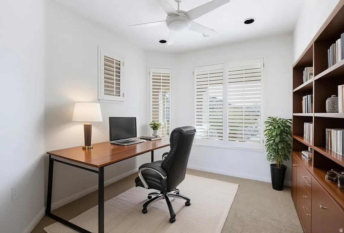 Home office with ceiling fan and light colored carpet
