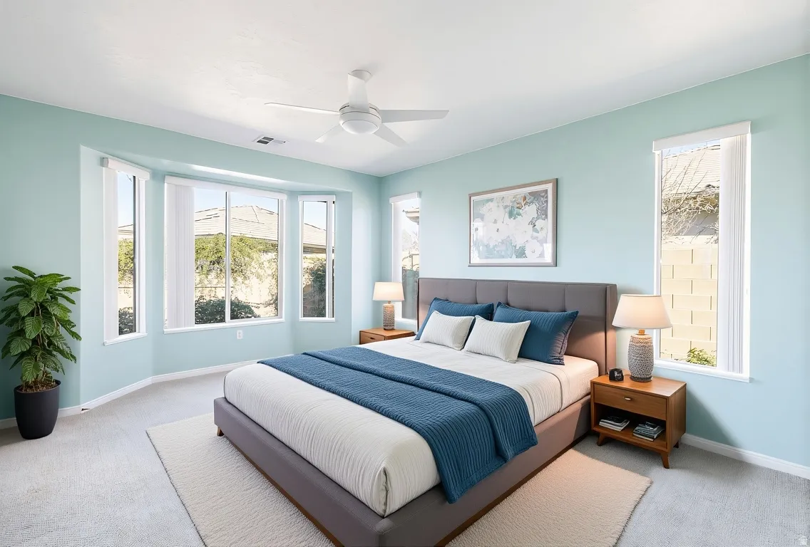 Bedroom featuring carpet and ceiling fan