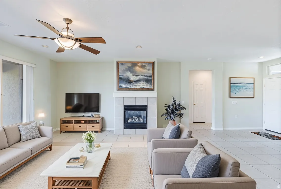 Living area with a tile fireplace, recessed lighting, a ceiling fan, and light tile patterned floors