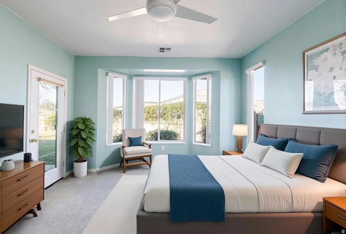 Bedroom featuring carpet, access to outside, and ceiling fan