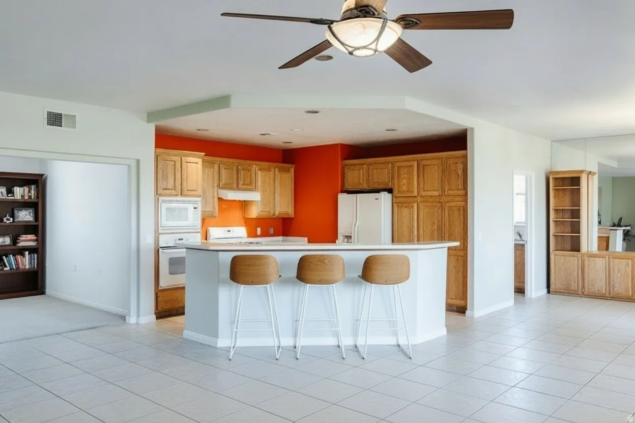 Kitchen with a kitchen bar, white appliances, a ceiling fan, light countertops, and recessed lighting