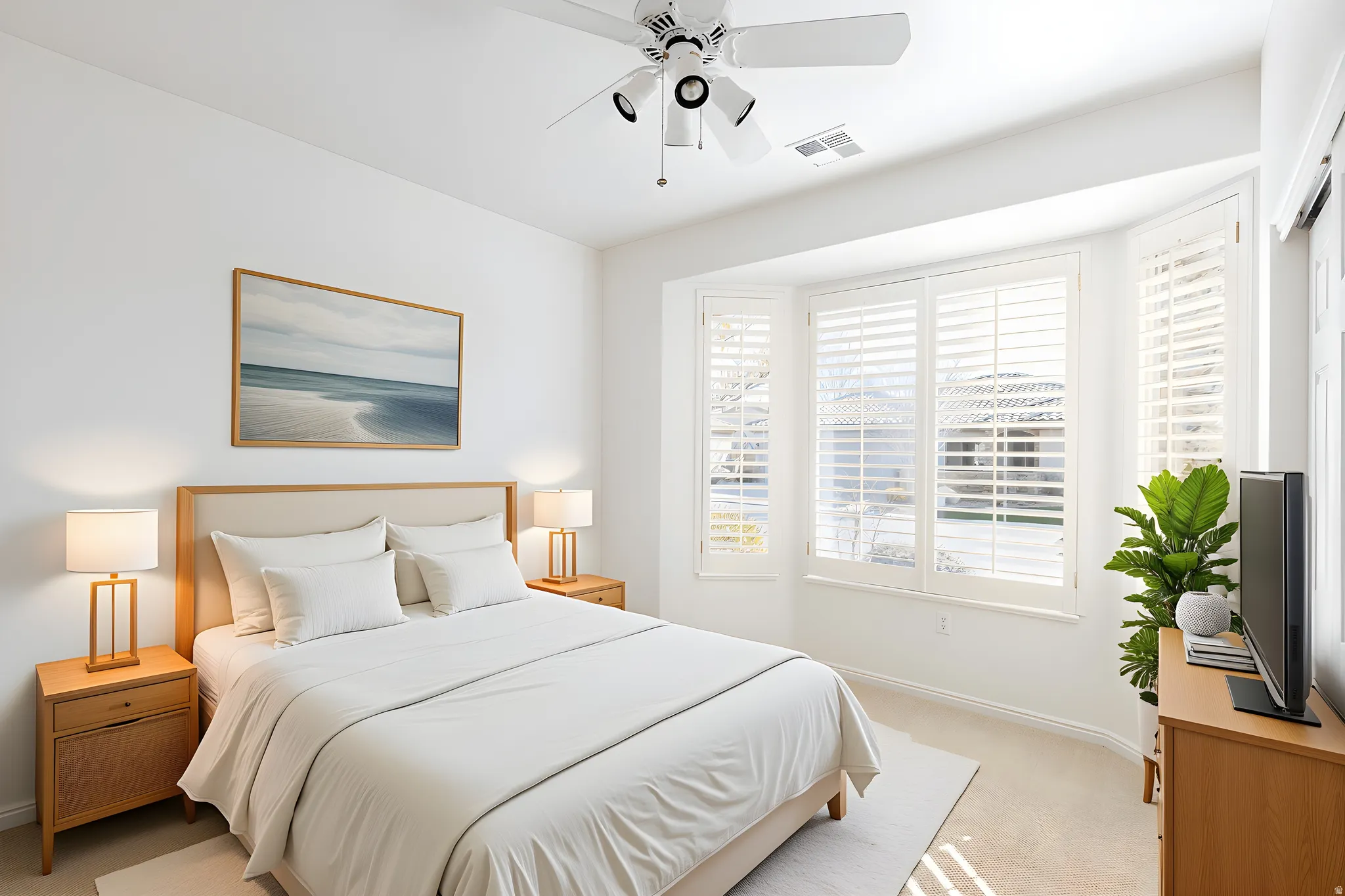 Bedroom with carpet and a ceiling fan