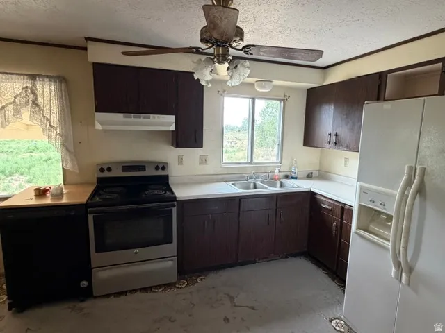 Kitchen featuring dark wood-finish cabinetry, white countertops, and a dual-basin stainless steel sink