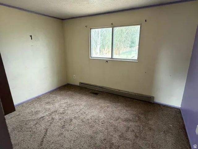 Neutral-toned walls with a single window providing natural light, brown carpeting, and a baseboard heater
