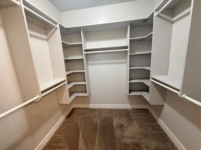 Walk in closet featuring dark carpet