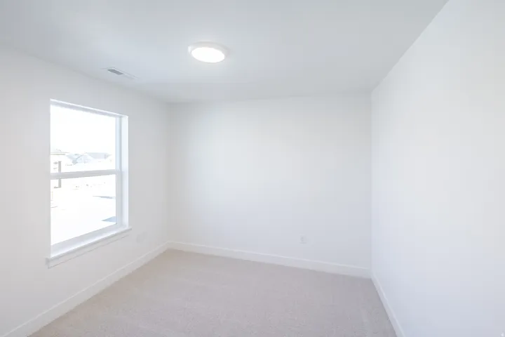 Neutral-toned room featuring a single window, white trim, light carpeting, and a flush-mount ceiling light fixture