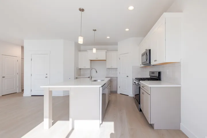 Contemporary kitchen featuring a spacious center island with a built-in sink, stainless steel appliances, and white shaker-style cabinetry