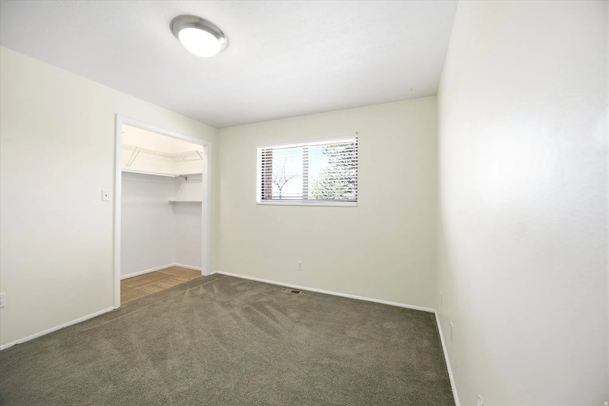 Unfurnished bedroom featuring a spacious closet and dark colored carpet