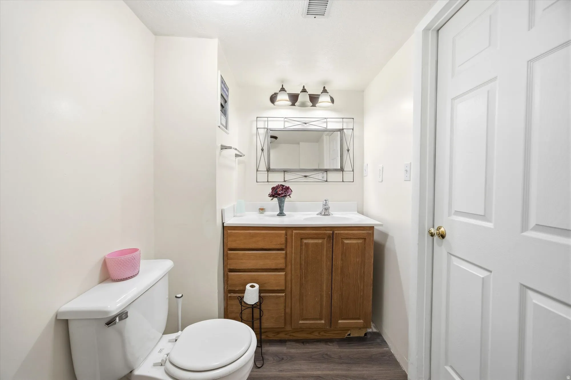Half bath featuring vanity and dark wood-type flooring