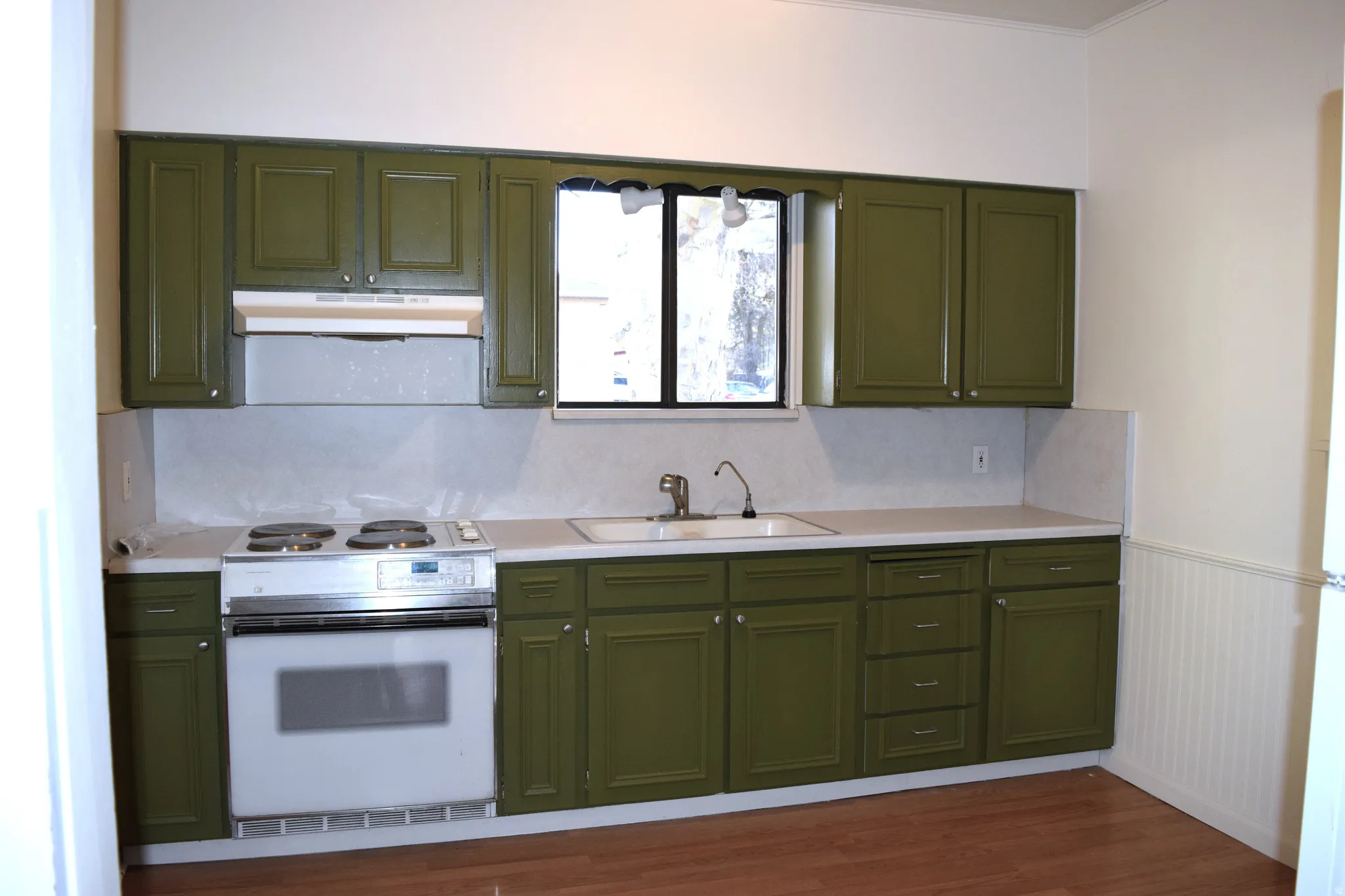 Kitchen featuring green cabinets, white appliances, light countertops, dark wood-style flooring, and a wainscoted wall