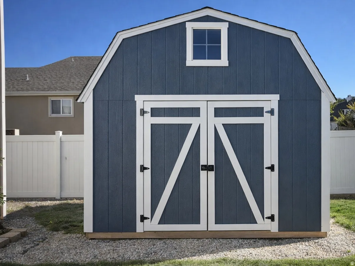 View of shed with a fenced backyard, spring photos