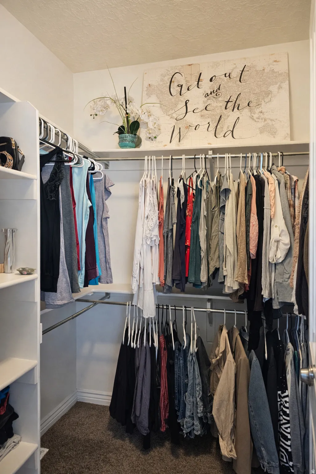 Walk in closet with dark colored carpet
