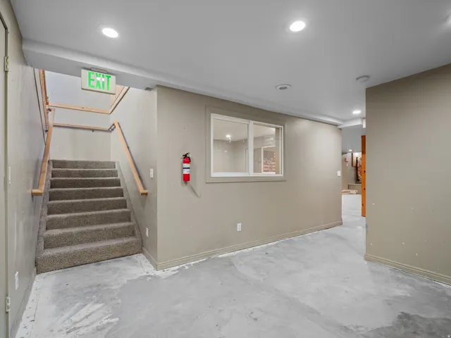 Finished basement with recessed lighting