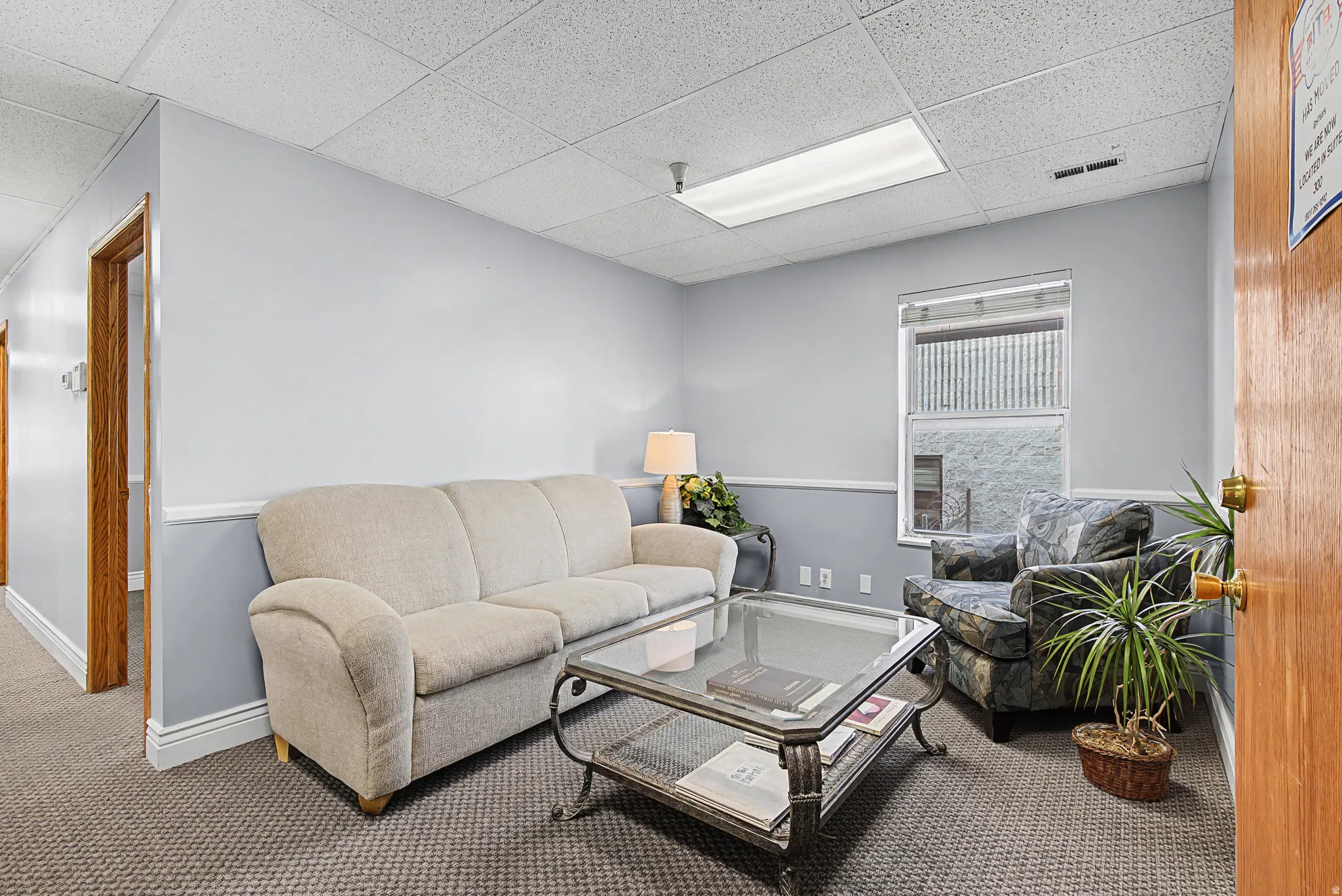 Living area with carpet and a paneled ceiling