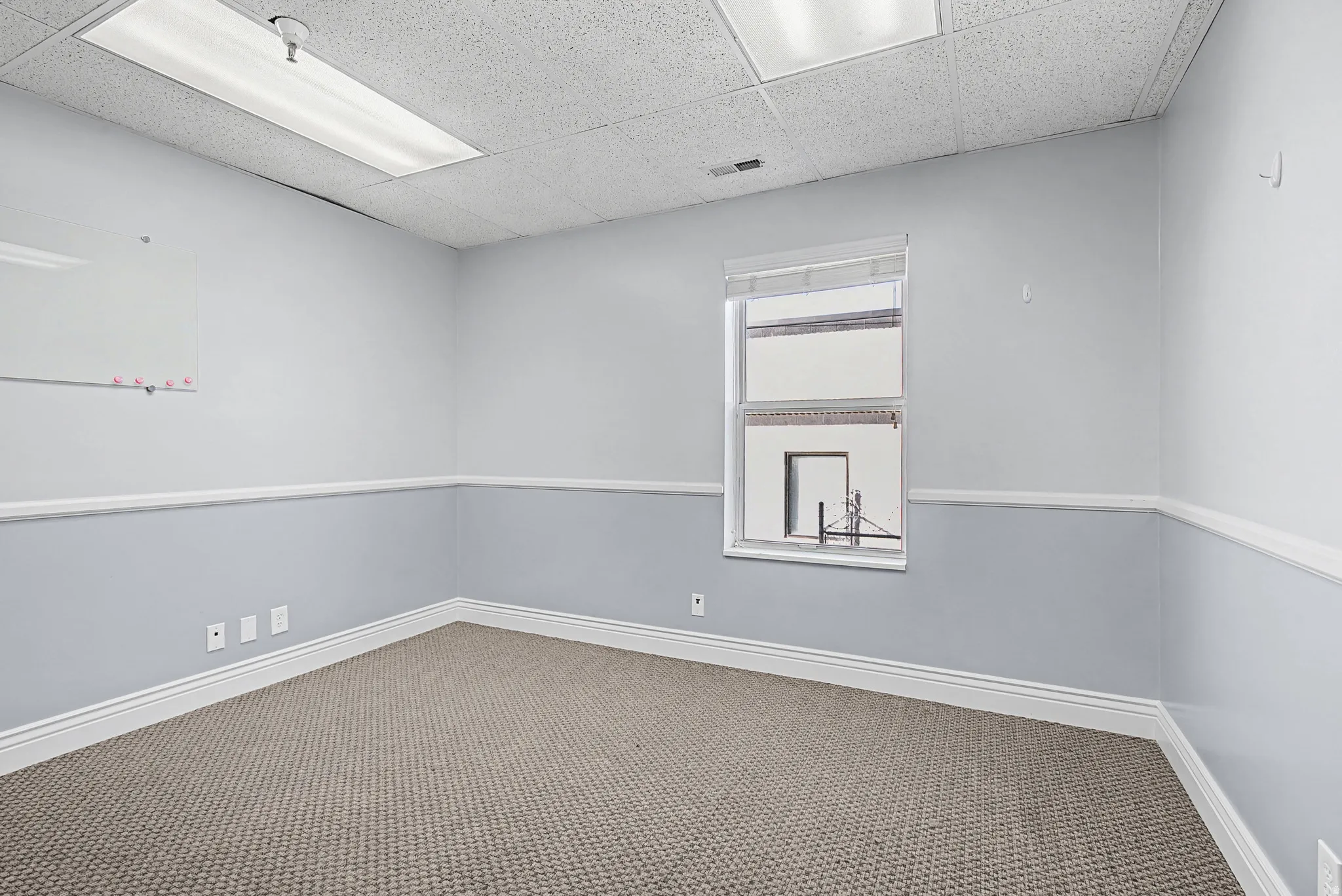 Spare room with carpet flooring and a drop ceiling
