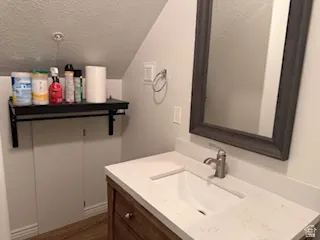 Bathroom with vanity, a textured ceiling, and dark wood finished floors
