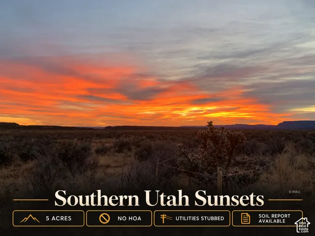 Five-acre lot featuring natural desert vegetation, horizon mountain silhouettes, and utility stubs