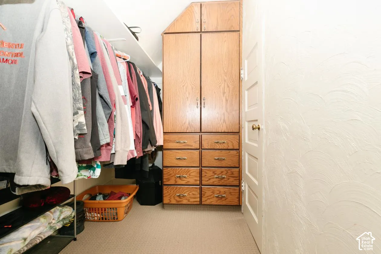 Walk in closet featuring light colored carpet