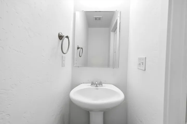 Pedestal sink with dual-handle faucet, wall-mounted mirror, and a brushed nickel towel ring