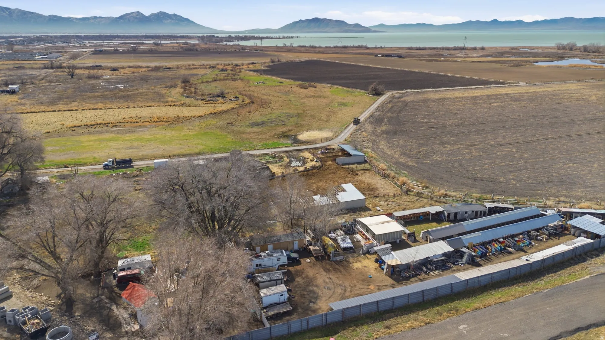 Overview of rural landscape featuring mountains