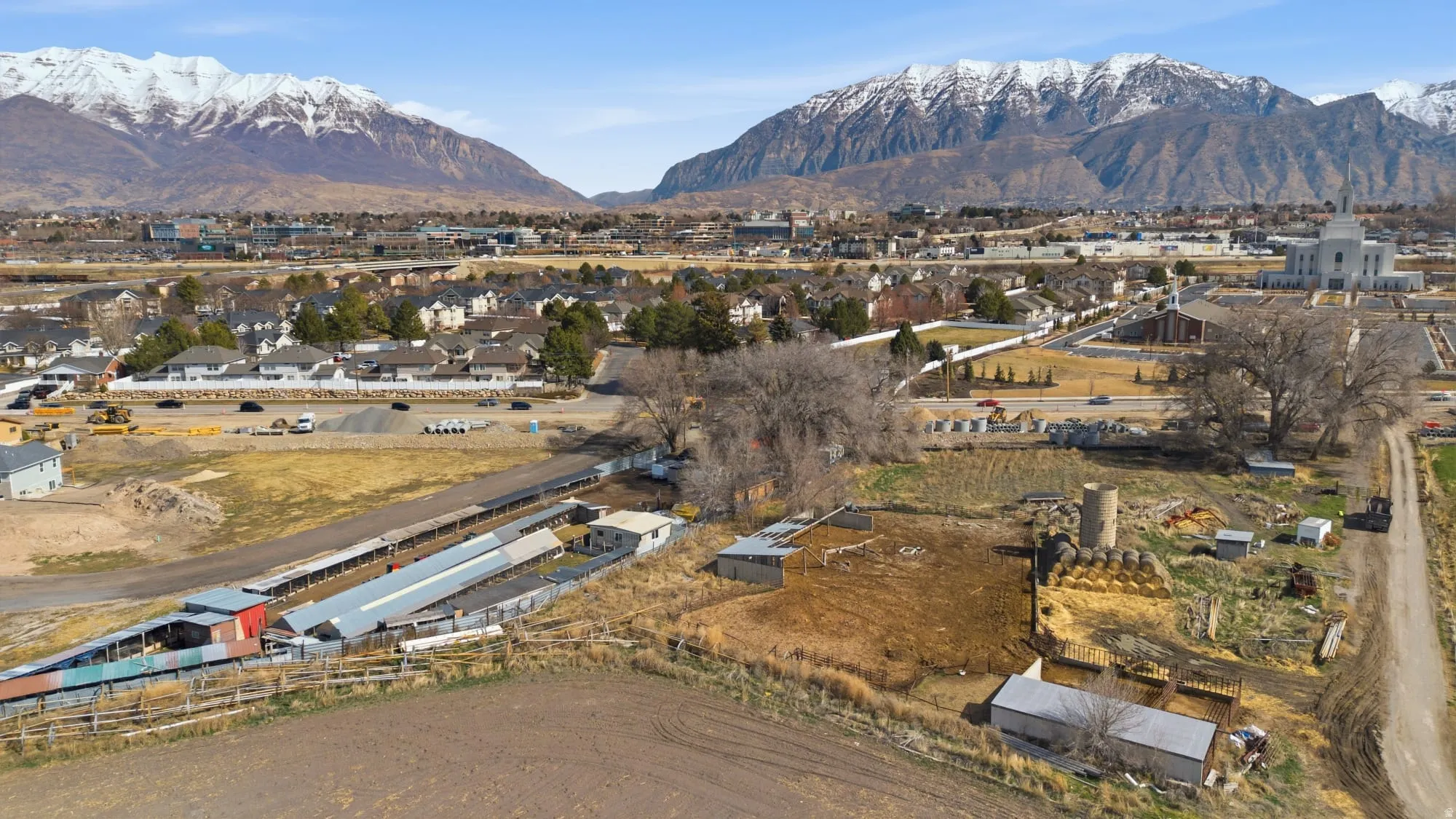 Aerial view of residential area with mountains