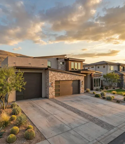 Modern exterior featuring a prominent stone facade and stucco finishes