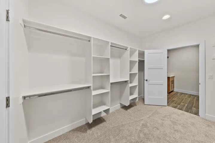 Walk in closet featuring dark colored carpet