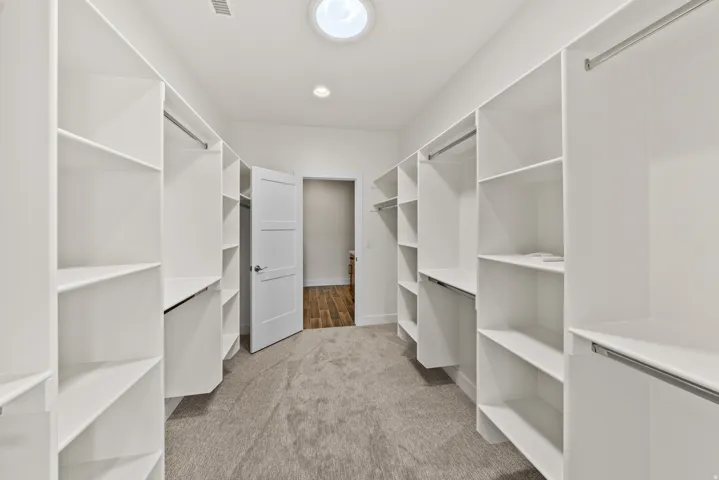 Walk in closet with light carpet