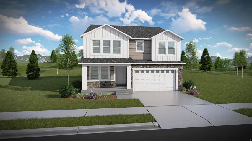 View of front of home with a front lawn, stone siding, covered porch, and board and batten siding