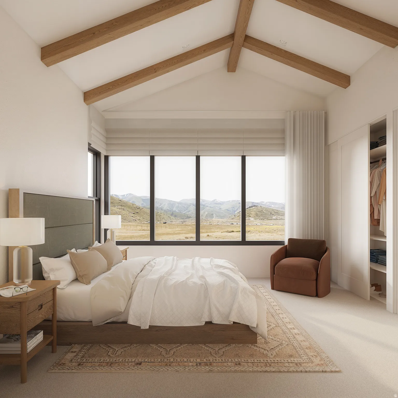 Bedroom featuring carpet floors, beam ceiling, and a mountain view