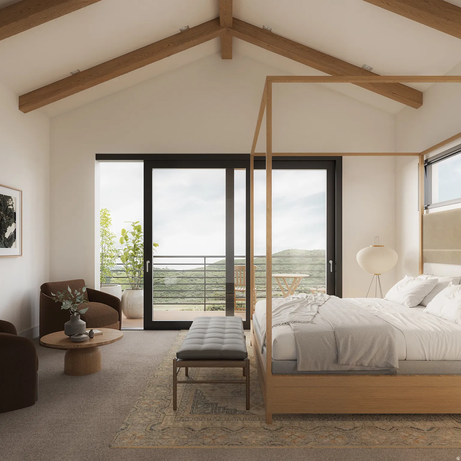 Bedroom featuring beamed ceiling, multiple windows, access to outside, and carpet