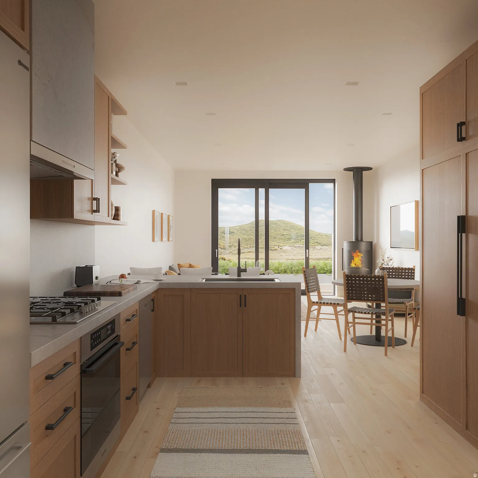 Kitchen featuring open shelves, a peninsula, a wood stove, stainless steel appliances, and light wood-type flooring