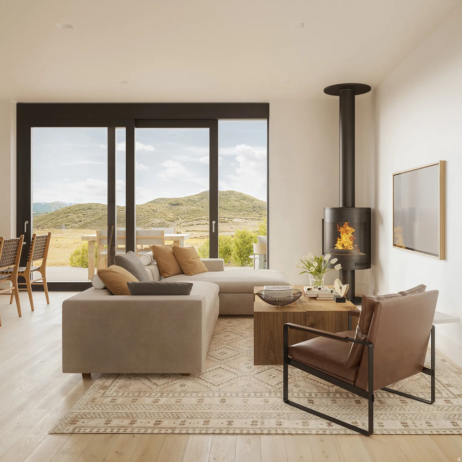 Living area with a mountain view, light wood-type flooring, and a wood stove