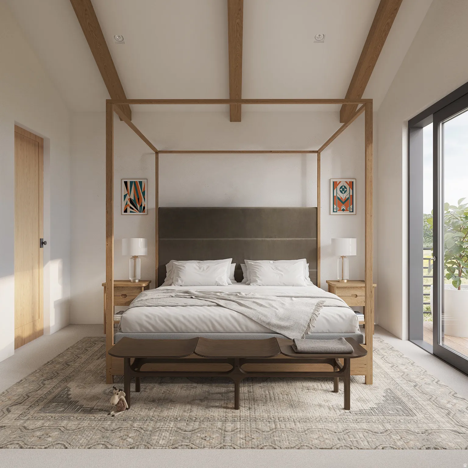 Bedroom with access to outside and lofted ceiling with beams