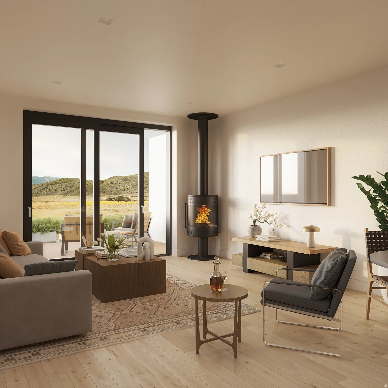 Living room featuring hardwood / wood-style floors and a mountain view